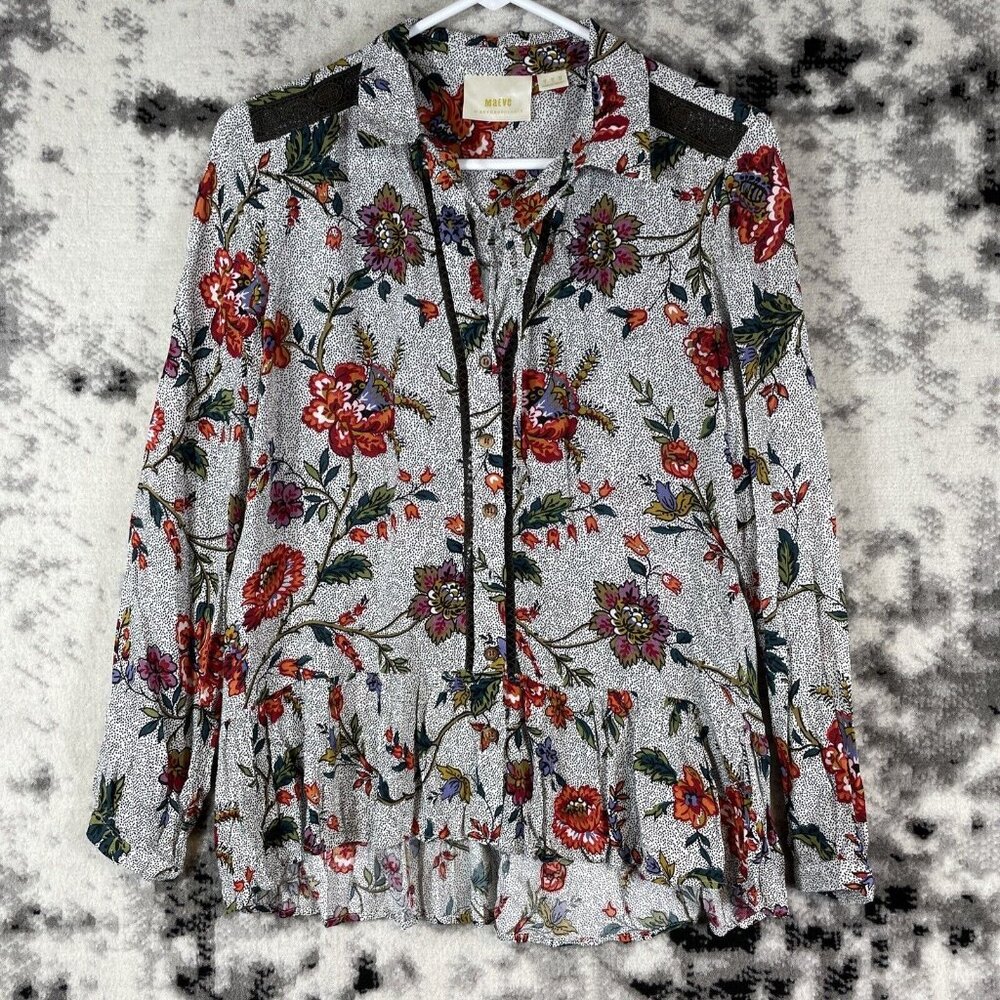 Anthropologie Janie Maeve Blouse Women's Size 2 Floral Gray Viscose Boho‎
